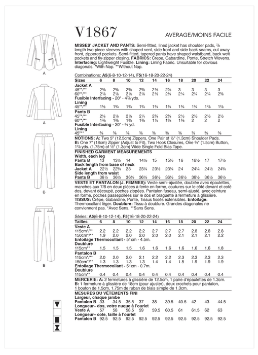 Vogue Sewing Pattern 1867 Misses' Jacket and Trousers from Jaycotts Sewing Supplies