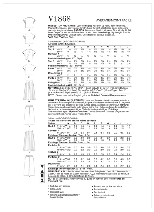 Vogue Sewing Pattern 1868 Misses' Top and Pants from Jaycotts Sewing Supplies