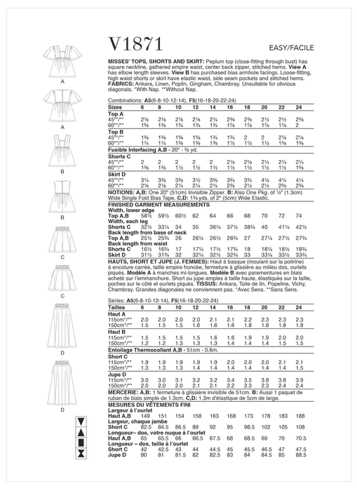 Vogue Sewing Pattern 1871 Misses' Tops, Shorts and Skirt from Jaycotts Sewing Supplies