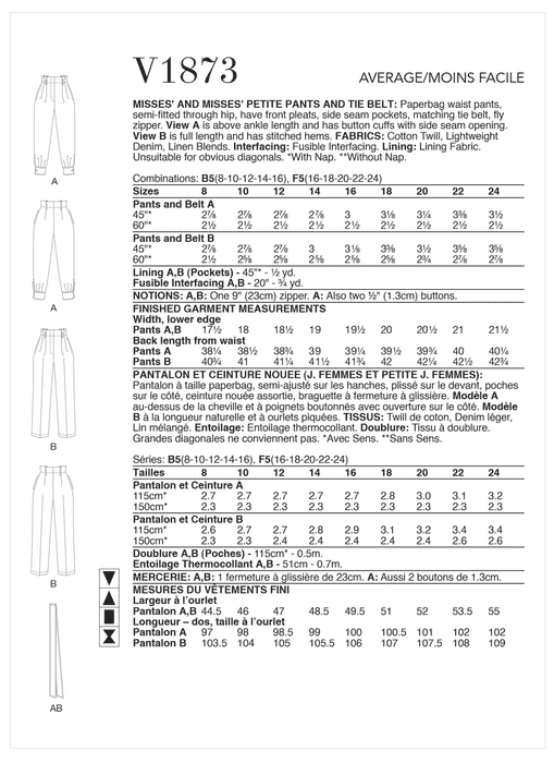 Vogue Sewing Pattern 1873 Misses' and Misses' Petite Pants and Tie Belt from Jaycotts Sewing Supplies