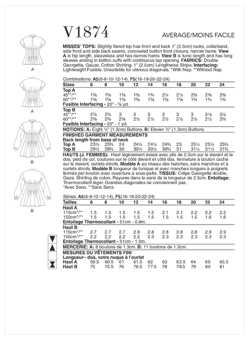 Vogue Sewing Pattern 1874 Misses' Tops from Jaycotts Sewing Supplies