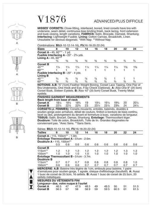 Vogue Sewing Pattern 1876 Misses' Corsets from Jaycotts Sewing Supplies