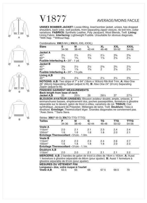 Vogue Sewing Pattern 1877 Unisex Bomber Jacket from Jaycotts Sewing Supplies