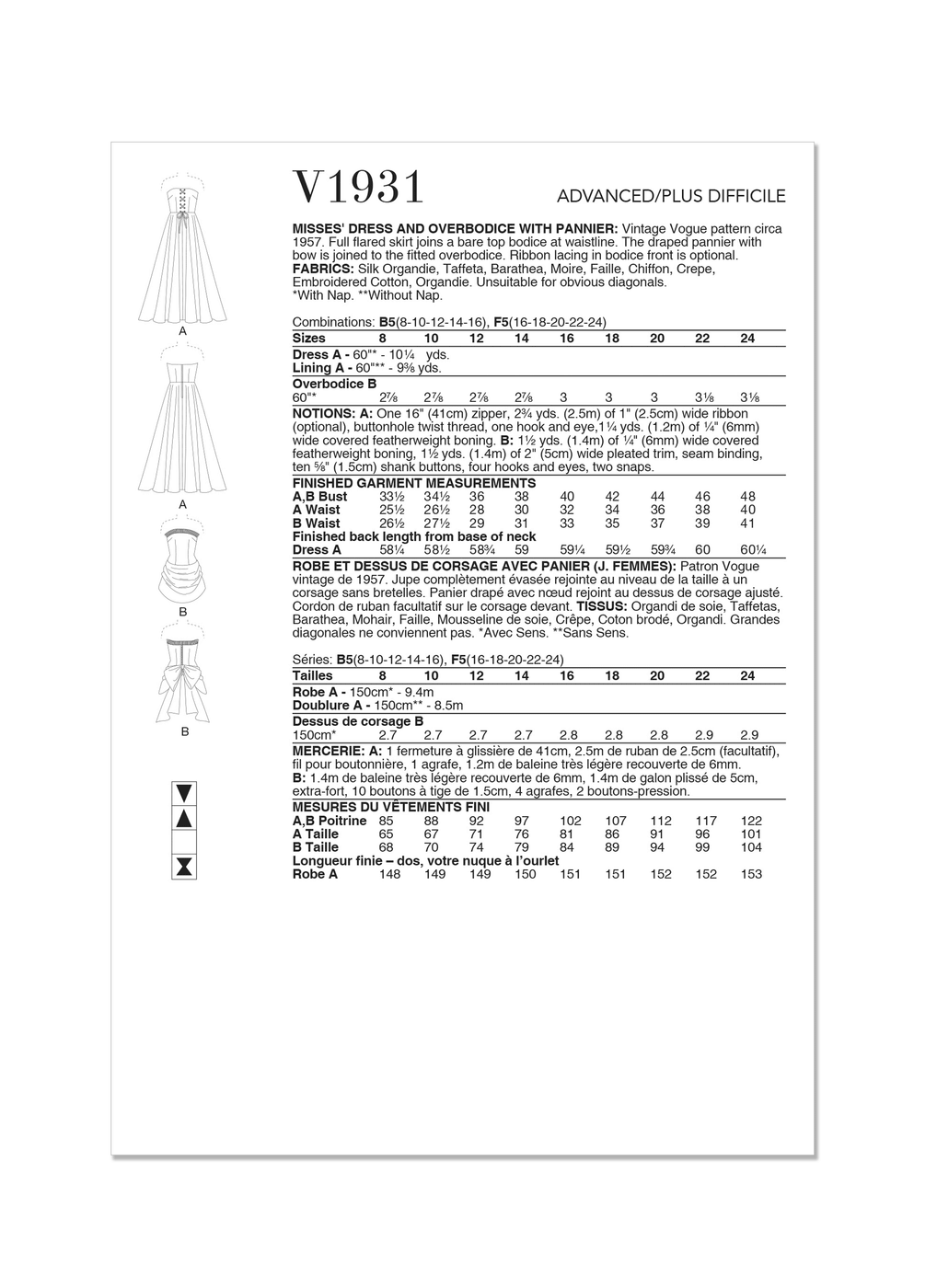 Vogue V1931 B5 Vintage Dress and Overbodice with Pannier sewing pattern ...