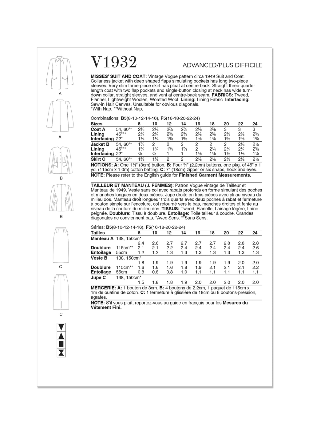 Vogue V1932 B5 Vintage Suit and Coat sewing pattern — jaycotts.co.uk ...