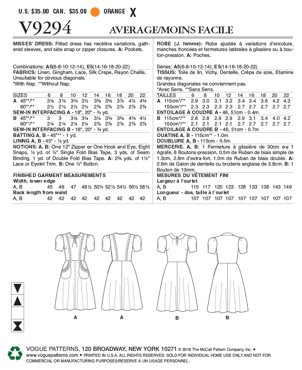 Vogue Pattern 9294 Misses' Dress Pattern from Jaycotts Sewing Supplies