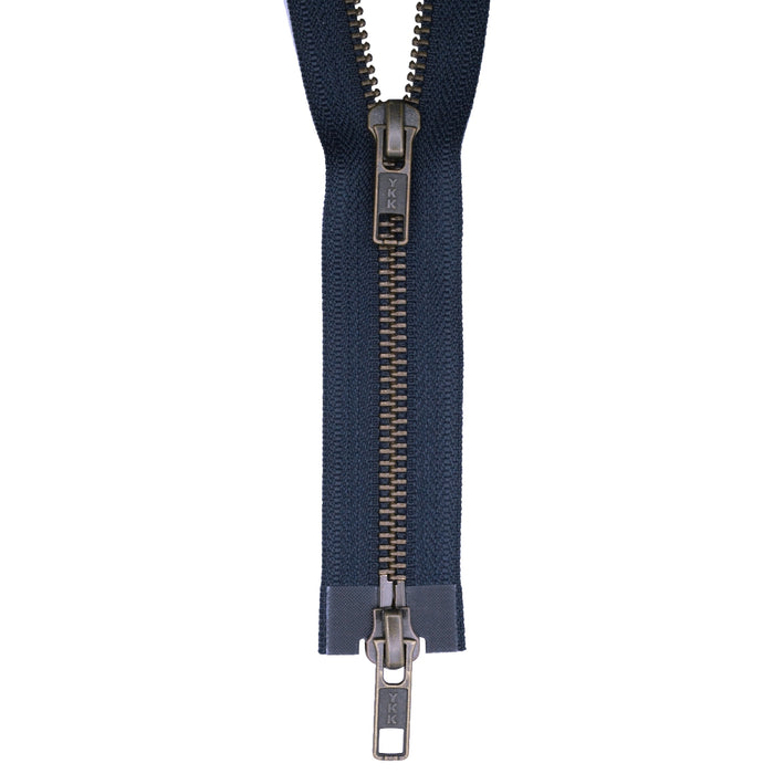 YKK Antique Brass Two Way Open End Zip, NAVY - Main Image