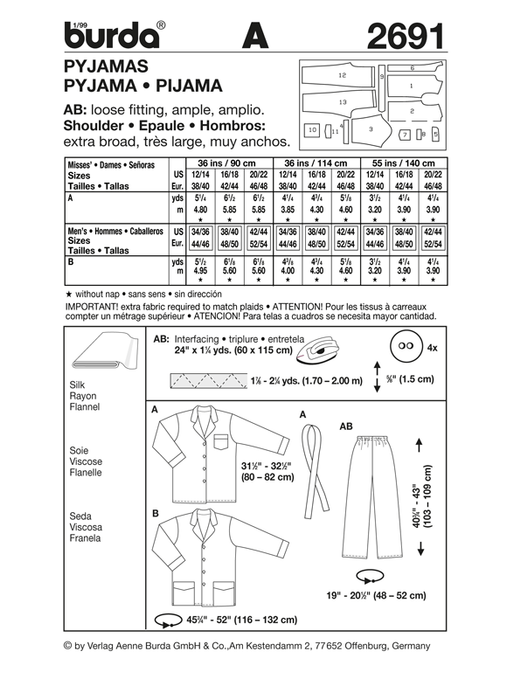 BD2691 sewing pattern Unisex Pyjamas | Very Easy from Jaycotts Sewing Supplies