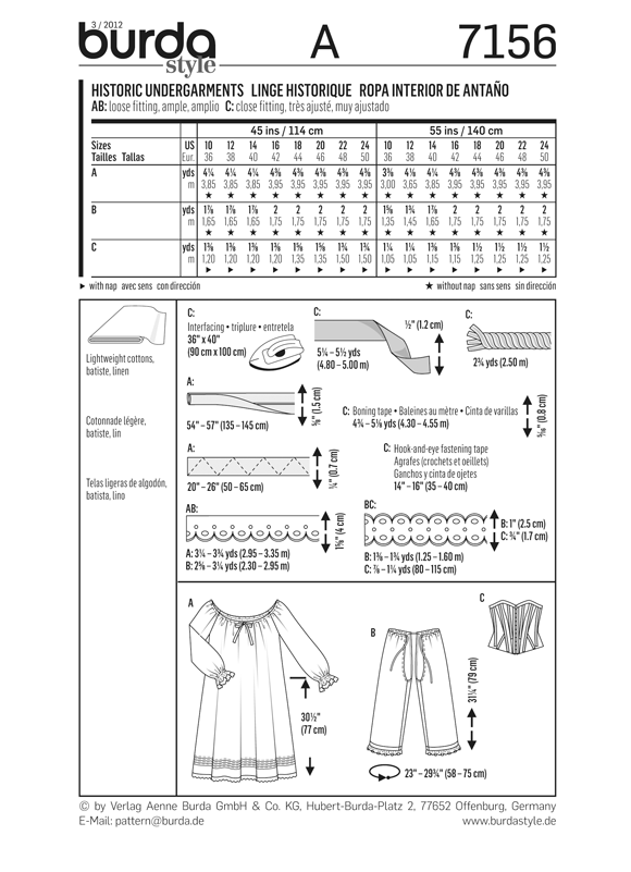 Burda Pattern: BD7156 Historic Undergarments Costume — jaycotts.co.uk ...