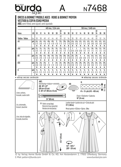 BD7468 Middle Ages Costume: Dress & Bonnet from Jaycotts Sewing Supplies