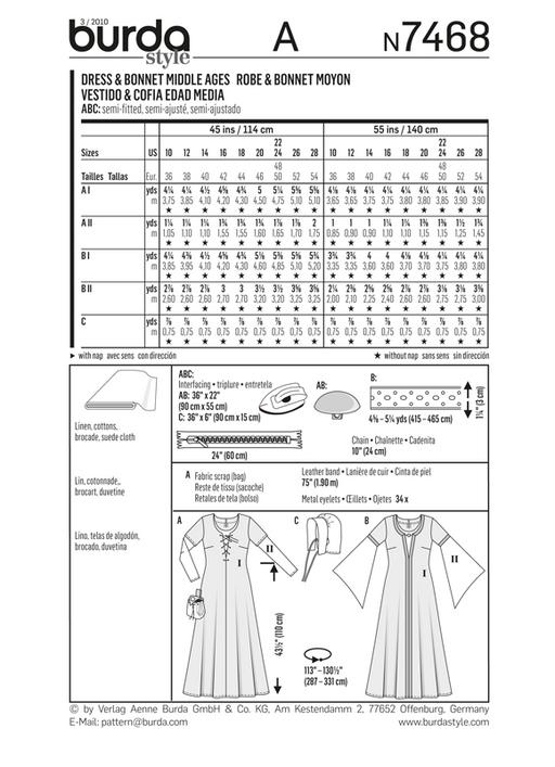 BD7468 Middle Ages Costume: Dress & Bonnet from Jaycotts Sewing Supplies