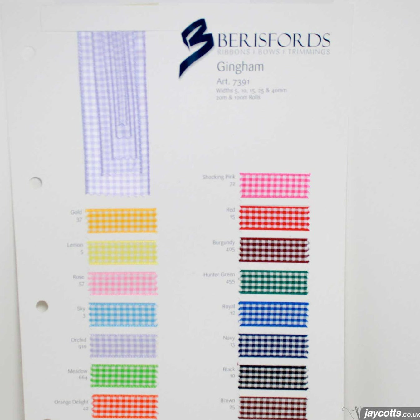 Berisfords Gingham Ribbon: Sample Card from Jaycotts Sewing Supplies