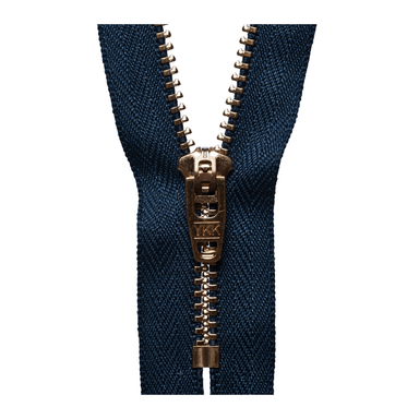 new old stock vintage YKK brass zippers, full open metal zips w/ navy blue  tape
