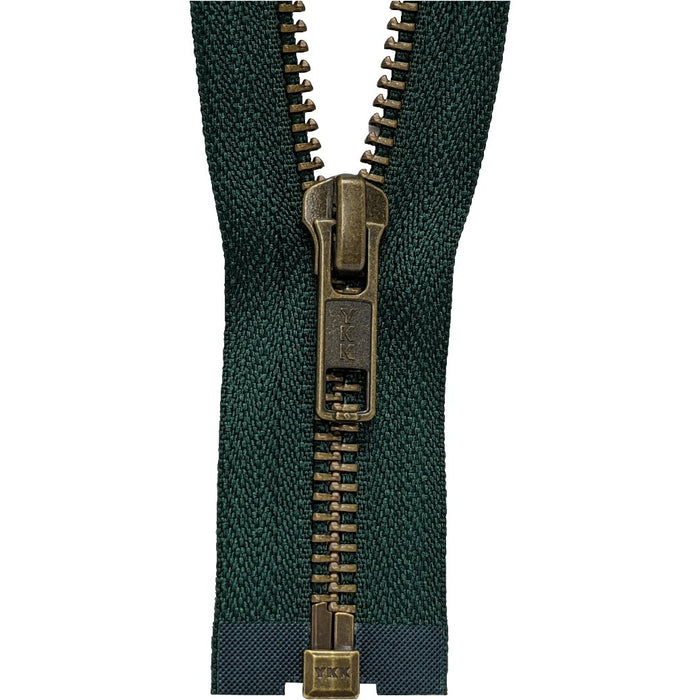 YKK Open End Zip - Medium, Antique Brass 890 Bottle Green from Jaycotts Sewing Supplies