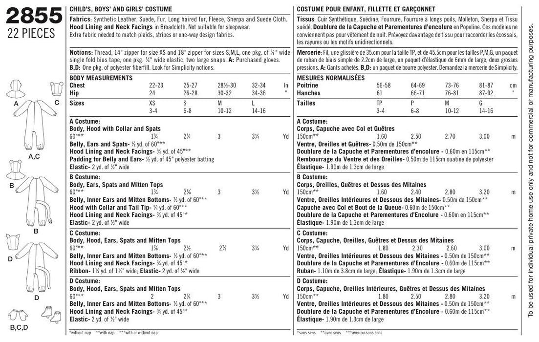 Simplicity 2855 Child's animal costume pattern. from Jaycotts Sewing Supplies