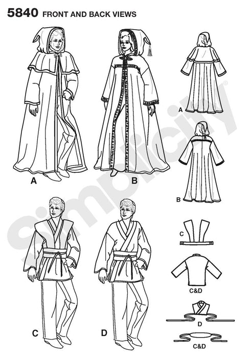 Simplicity Pattern 5840  Unisex Hooded Capes and Mens Fantasy Costumes. from Jaycotts Sewing Supplies