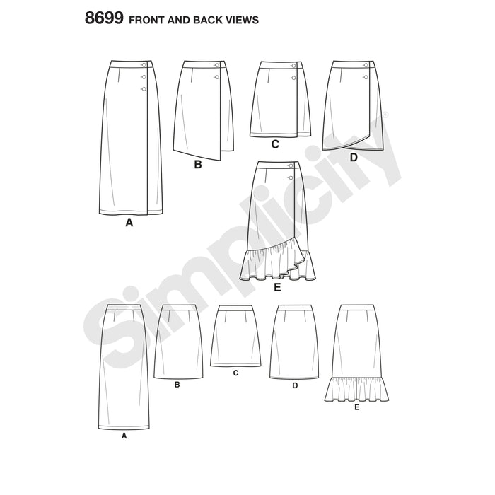 Simplicity Pattern 8699 Buttoned wrap front skirts from Jaycotts Sewing Supplies