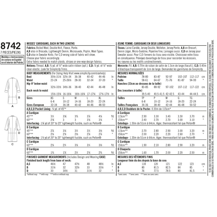 Simplicity Pattern 8742 Women's Cardigan from Jaycotts Sewing Supplies