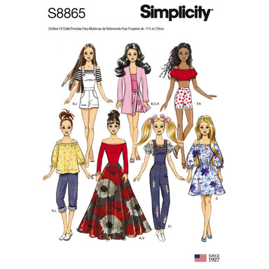 Simplicity 8865 11-1/2inch fashion doll clothes sewing pattern from Jaycotts Sewing Supplies