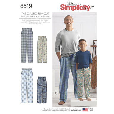 Simplicity Pattern 8519 boys and mens slim fit lounge trousers from Jaycotts Sewing Supplies