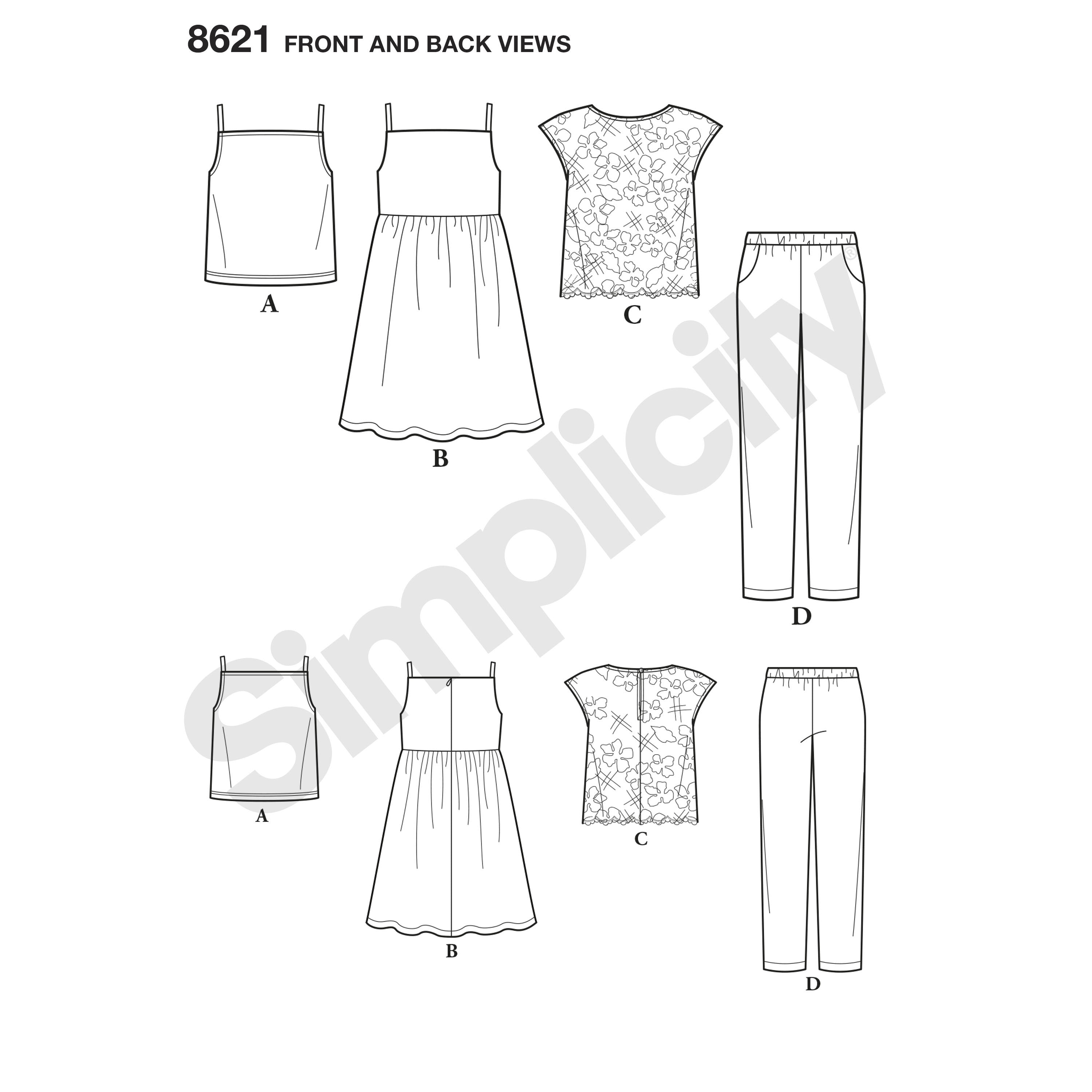 Simplicity Pattern 8621 girls dress top pants and camisole from Jaycotts Sewing Supplies