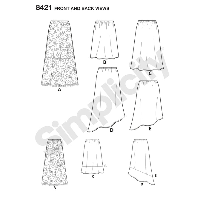 Simplicity Pattern 8421 skirts in three lengths with hem variations from Jaycotts Sewing Supplies