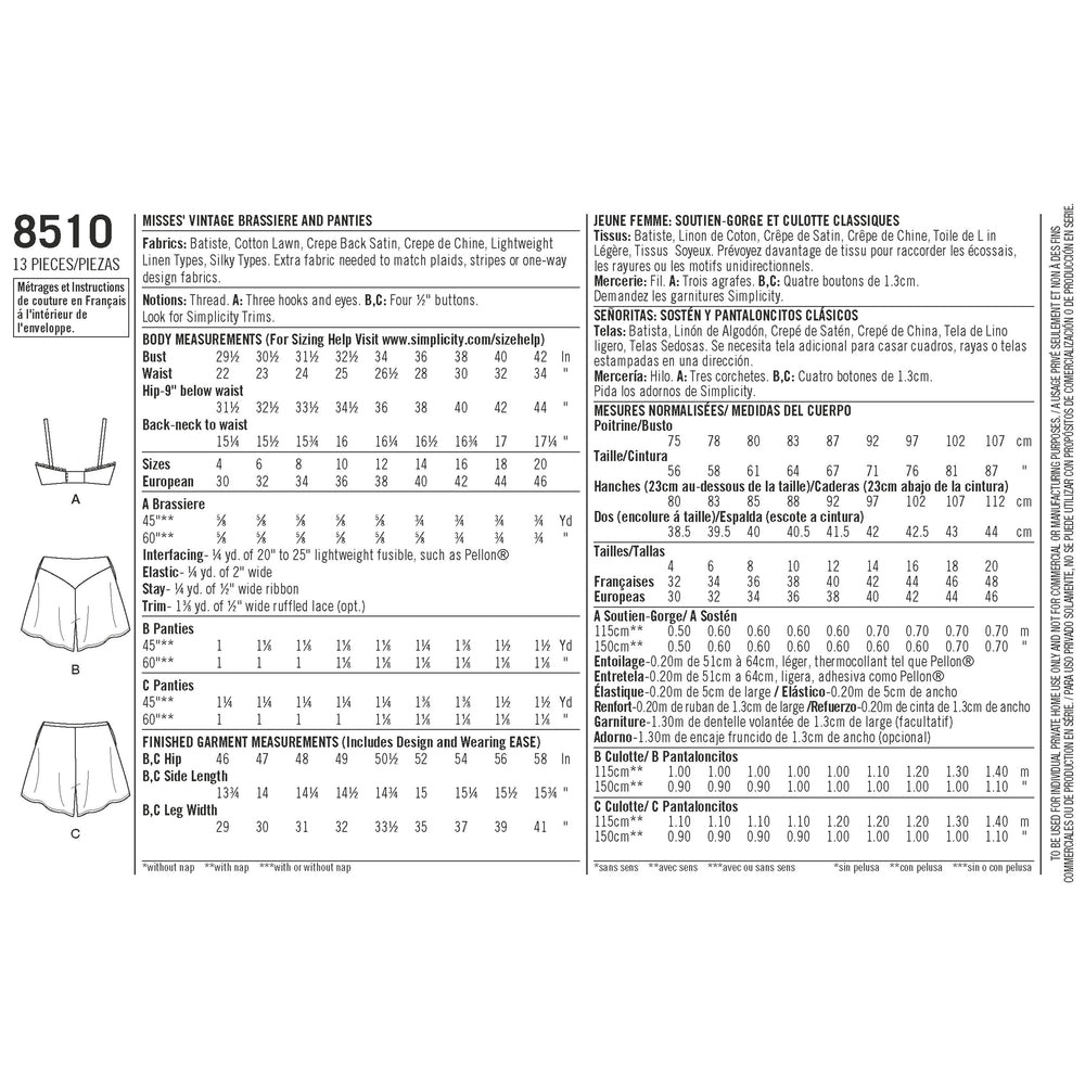 Simplicity Pattern 8510 miss vintage brassiere panties —  -  Sewing Supplies